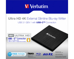 Verbatim Blu-Ray Slimline Ultra HD 4K vanjski snimač, M-Disc kompatibilan, USB3.2 (USB-C), crni