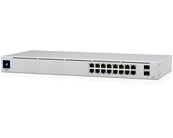 Ubiquiti UniFi Managed 16-port Gigabit Switch (8-port PoE+), 2× SFP, Rackmount (USW-16-PoE)